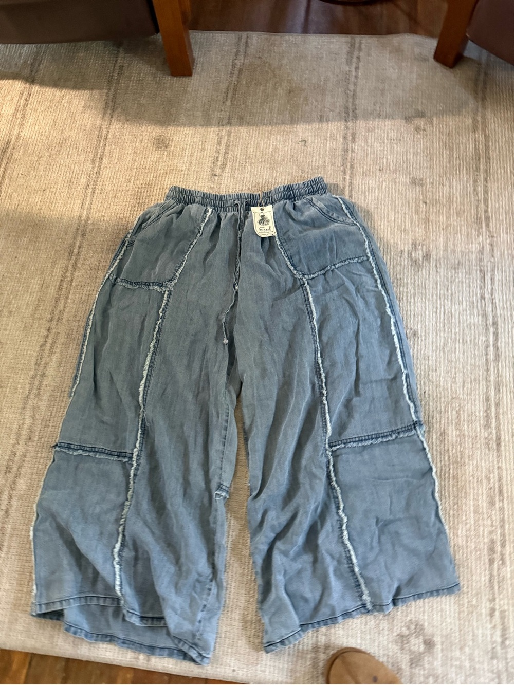 easel Blue Patchwork Wide-Leg Drawstring Pants